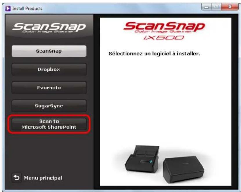 ScanSnap Color Image Scanner ScanSnap Dropbox Evernote SugarSync Scan to Microsoft SharePoint Menu principal ScanSnap Color Image Scanner IX500 Sélectionnez un logiciel à installer.
