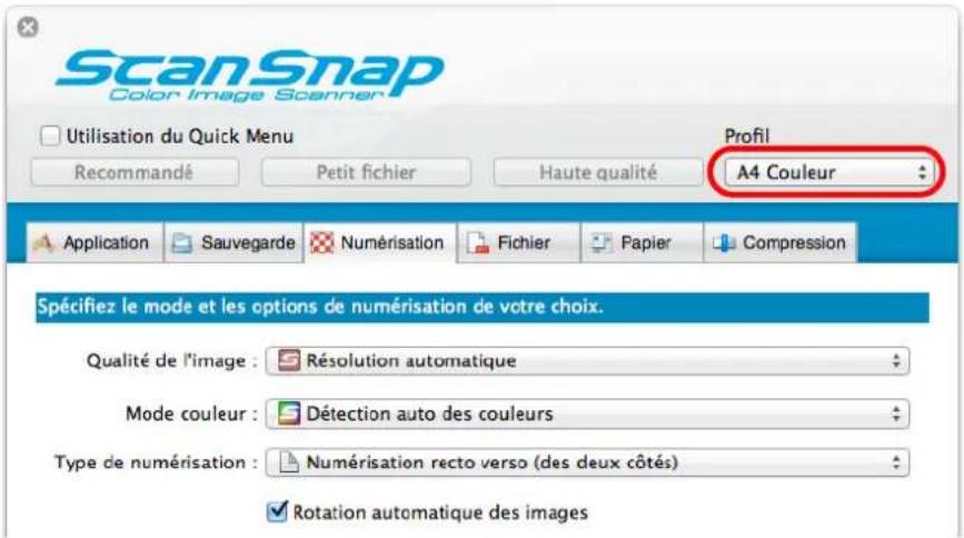ScanSnap Color Image Scanner Utilisation du Quick Menu Recommandé Petit fichier Haute qualité Profil A4 Couleur Application Sauvegarde Numérisation Fichier Papier Compression Spécifiez le mode et les options de numérisation de votre choix. Qualité de l'image : Résolution automatique Mode couleur : Détection auto des couleurs Type de numérisation : Numérisation recto verso (des deux côtés) Rotation automatique des images