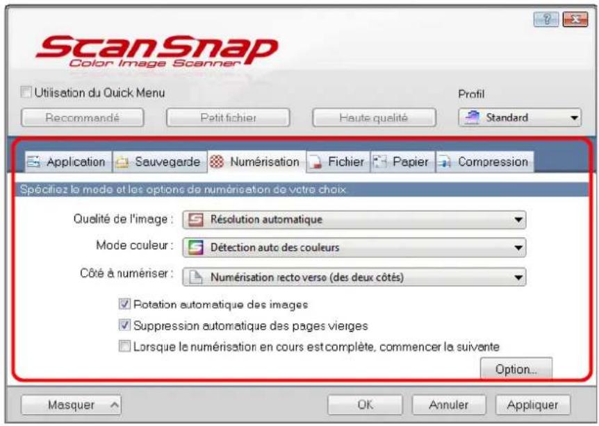 ScanSnap Color Image Scanner Utilisation du Quick Menu Recommandé Petit fichier Haute qualité Profil Standard Application Sauvegarde Numérisation Fichier Papier Compression Spécifiez le mode et les options de numérisation de votre choix Qualité de l'image : Résolution automatique Mode couleur : Détection auto des couleurs Côté à numériser : Numérisation recto verso (des deux côtés) ✓ Rotation automatique des images ✓ Suppression automatique des pages vierges ☐ Lorsque le numérisation en cours est complète, commencer la suivante Option... Masquer OK Annuler Appliquer