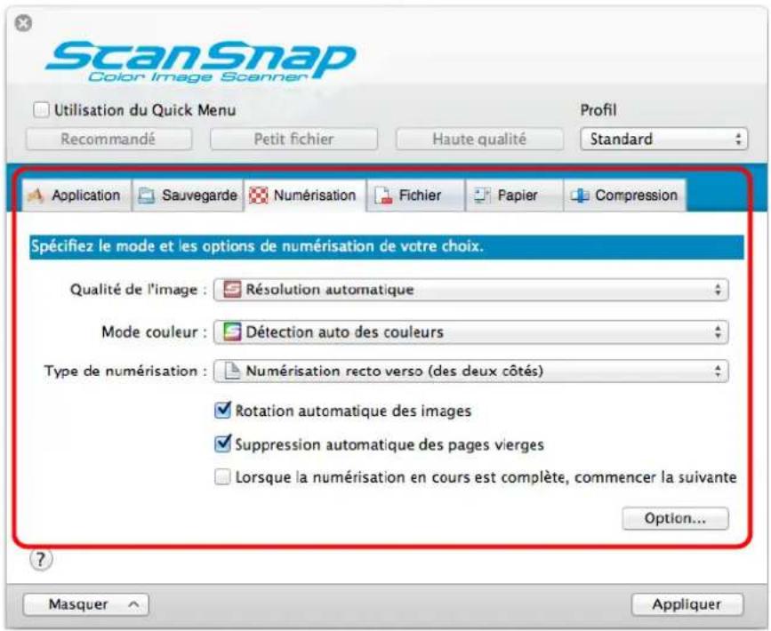 ScanSnap Color Image Scanner Utilisation du Quick Menu Recommandé Petit fichier Haute qualité Standard Application Sauvegarde Numérisation Fichier Papier Compression Spécifiez le mode et les options de numérisation de votre choix. Qualité de l'image : Résolution automatique Mode couleur : Détection auto des couleurs Type de numérisation : Numérisation recto verso (des deux côtés) Rotation automatique des images Suppression automatique des pages vierges Lorsque la numérisation en cours est complète, commencer la suivante Option... ? Masquer Appliquer