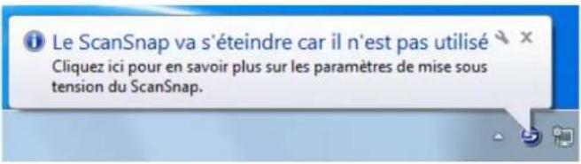 Le ScanSnap va s'éteindre car il n'est pas utilisé Cliquez ici pour en savoir plus sur les paramètres de mise sous tension du ScanSnap.