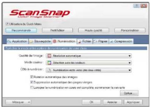 ScanSnap Option Image Searcher Utilisation du Quick-Mers Recommended Perfictier Haute qualité Personnaliser Application Souvegrade Numération Fichier Paper Compression Splicifiés le mode et les options de numération de valeur clos. Qualité de l'image: Resolution automatique Mode couleur: Diffraction auto des créants Côte à numériser: Numération acto verso (des deux cêtes) Rotation automatique des images Suppression automatique des pages vierges Lorsque la numérisation en cours est complète, commencer la suivre Option... Mosquer OK Amplicier Appliquer