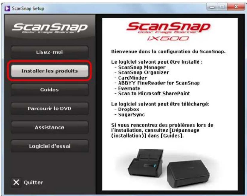 ScanSnap Setup ScanSnap Color Image Scanner Lisez-mol Installer les produits Guidos Parcourir le DVD Assistance Logiciel d'essai Quitter ScanSnap Color Image Scanner IX500 Bienvenue dans la configuration du ScanSnap. Le logiciel suivant peut être installé : - ScanSnap Manager - ScanSnap Organizer - CardMinder - ABBYY FineReader for ScanSnap - Evernote - Scan to Microsoft SharePoint Le logiciel suivant peut être téléchargé: - Dropbox - SugarSync Si vous rencontre des problèmes lors de l'installation, consultez [Dépannage (installation)] dans [Guides]. × Quitter