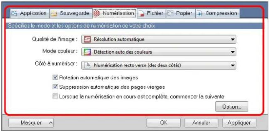Application Sauvegarde Numérisation Fichier Papier Compression Spécifiez le mode et les options de numérisation de votre choix Qualité de l'image : Résolution automatique Mode couleur : Détection auto des couleurs Côté à numériser : Numérisation recto verso (des deux côtés) Rotation automatique des images Suppression automatique des pages vierges Lorsque le numérisation en cours est complète, commencer la suivante Option... Masquer OK Annuler Appliquer