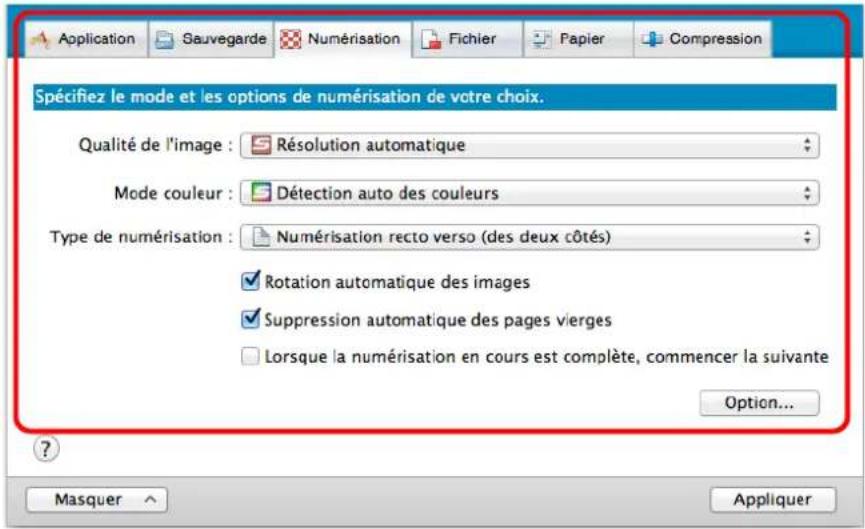 Application Sauvegarde Numérisation Fichier Papier Compression Spécifiez le mode et les options de numérisation de votre choix. Qualité de l'image : Résolution automatique Mode couleur : Détection auto des couleurs Type de numérisation : Numérisation recto verso (des deux côtés) Rotation automatique des images Suppression automatique des pages vierges Lorsque la numérisation en cours est complète, commencer la suivante Option... ? Masquer Appliquer