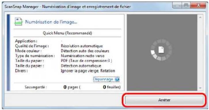 ScanSnap Manager - Numérisation d'image et enregistrement de fichier Numérisation de l'image... Quick Menu (Recommandé) Application : Qualité de l'image : Résolution automatique Mode couleur : Détection auto des couleurs Type de numérisation : Numérisation recto verso Taille du papier : PDF (Taux de compression:3 ) Taille du papier : Détection automatique Divers : Ignorer la page vierge. Rotation Dépannage Sauvegarde : 0 pages ( 0 feuilles) Arrêter