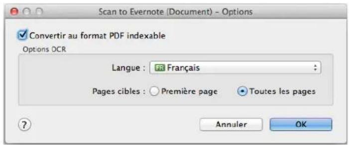 Scan to Evernote (Document) - Options Convertir au format PDF indexable Options OCR Langue : FR Français Pages cibles : ○ Première page Toutes les pages Annuler OK