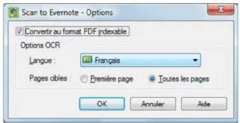 Scan to Evernote - Options ✓ Convertir au format PDF indexable Options OCR Langue : Français Pages cibles ○Première page ●Toutes les pages OK Annuler Aide