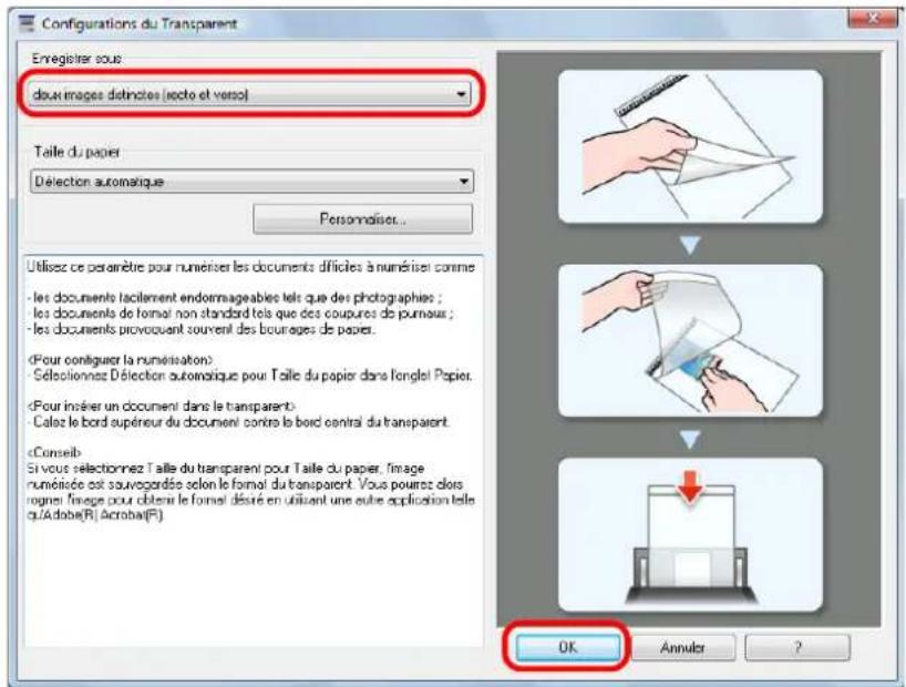 Configurations du Transparent Enregistrer sous dous images distinctes (recte et verso) Taille du papier Délection automatique Personnelles... Utilisez ce paramètre pour numérier les documents difficiles à numériser comme - les documents facilement endommageables tel que des photographies ; - les documents de format non standard tel que des coupures de pourniers ; - les documents provocant souvent des bourages de papers. (Pour configurer la numérisation) - Sélectionnez Délection automatique pour Taille du papier dans longel Papier. (Pour inciner un document dans la transparent) - Calez le bord supérieur du document contre le bord central du transparent. CConseil Si vous sélectionnez Taille du transparent pour Taille du papier, l'image numésiée est sauvegardée selon le format du transparent. Vous pourrez lors rognes l'image pour obtenir le format désir en utilisant une autre application telle qu'Adobe(R), Acrobat(R). OK Annulcr ?