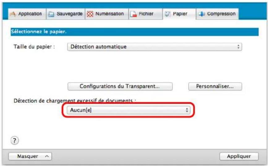 Sélectionnez le papier. Taille du papier : Détection automatique Configurations du Transparent... Personaliser... Détection de chargement excessif de documents : Aucun[e] ? Masquer Appliquer