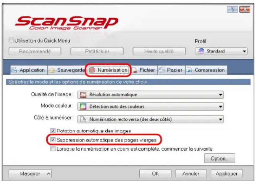 ScanSnap Color Image Scanner Utilisation du Quick Menu Recommandé Petit fichier Haute qualité Standard Application Sauvegarde Numérisation Fichier Papier Compression Spécifiez le mode et les options de numérisation de votre choix Qualité de l'image : Résolution automatique Mode couleur : Détection auto des couleurs Côté à numériser : Numérisation recto verso (des deux côtés) Rotation automatique des images Suppression automatique des pages vierges Lorsque le numérisation en cours est complète, commencer la suivante Option... Masquer OK Annuler Appliquer
