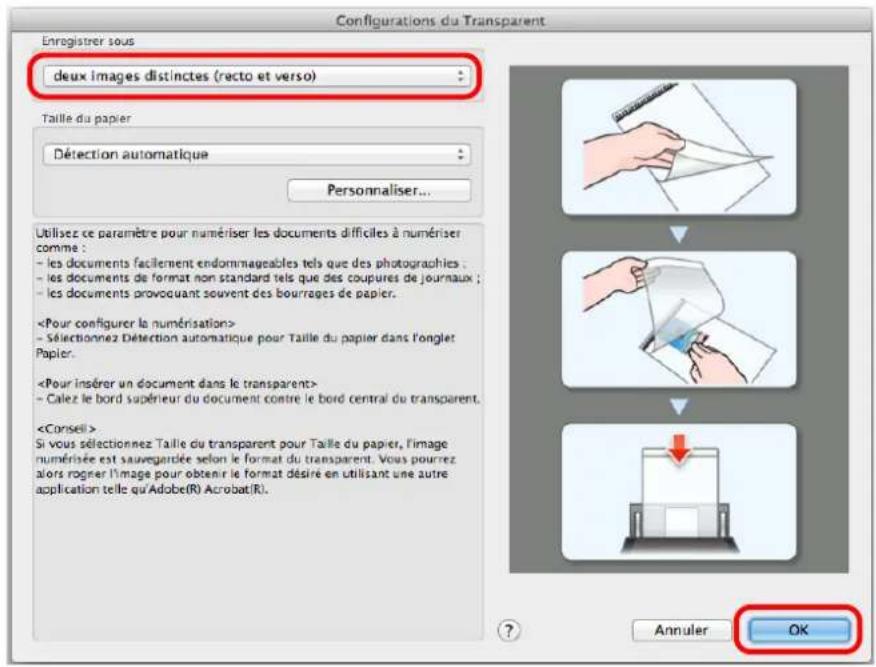 Configurations du Transparent Enregistrer sous deux images distinctes (recto et verso) Taille du papier Détection automatique Personnaliser... Utilisez ce paramètre pour numériser les documents difficiles à numériser comme : - les documents facilement endommageables tels que des photographies : - les documents de format non standard tels que des coupures de journaux ; - les documents provoquant souvent des bourrages de papier. - Sélectionnez Détection automatique pour Taille du papier dans l'ongler Papier. - Calez le bord supérieur du document contre le bord central du transparent. Si vous sélectionnez Taille du transparent pour Taille du papier, l'image numérisée est sauvegardée selon le format du transparent. Vous pourrez alors rogner l'image pour obtenir le format désiré en utilisant une autre application telle qu'Adobe(R) Acrobat(R). Annuler OK