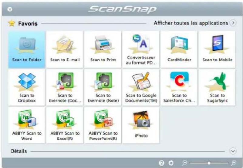 ScanSnap Favors Afficher toutes les applications Scan to Folder Scan to E-mail Scan to Print Convertisseur au format PD... CardMinder Scan to Mobile Scan to Dropbox Scan to Evernote (Doc... Scan to Evernote (Note) Scan to Google Documents(TM) Scan to Salesforce Ch... Scan to SugarSync ABBYY Scan to Word ABBYY Scan to Excel(R) ABBYY Scan to PowerPoint(R) iPhoto Détails