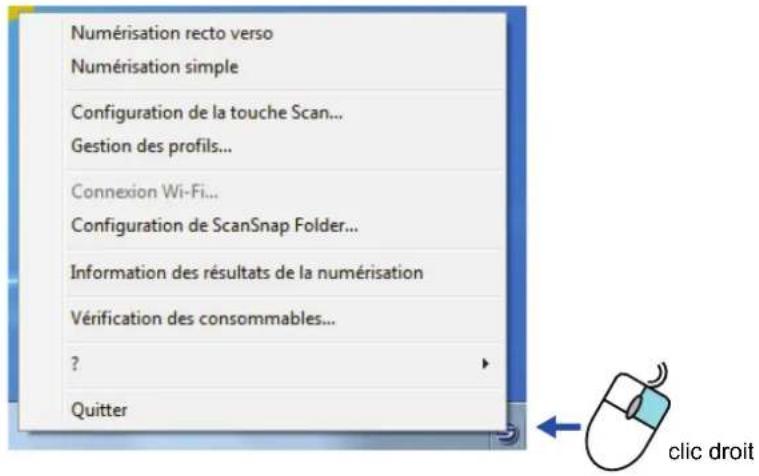 Numérisation recto verso Numérisation simple Configuration de la touche Scan... Gestion des profils... Connexion Wi-Fi... Configuration de ScanSnap Folder... Information des résultats de la numérisation Vérification des consommables... ? Quitter click droit