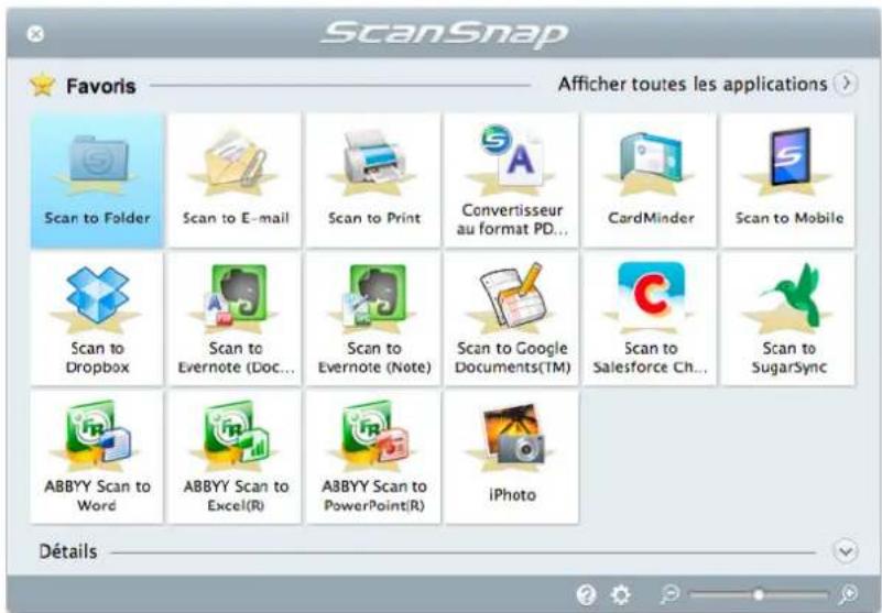ScanSnap Favors Afficher toutes les applications Scan to Folder Scan to E-mail Scan to Print Convertisseur au format PD... CardMinder Scan to Mobile Scan to Dropbox Scan to Evernote (Doc... Scan to Evernote (Note) Scan to Google Documents(TM) Scan to Salesforce Ch... Scan to SugarSync ABBYY Scan to Word ABBYY Scan to Excel(R) ABBYY Scan to PowerPoint(R) iPhoto Détails
