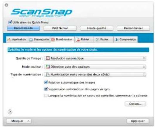 ScanSnap Color Image Explorer Utilisation du Quick Menu Recommande Petit Fichier Haute qualité Personnaliser Application Bauvegarde Numérisation Fichier Paper Compression Spéfillez le mode et les options de numérisation de votre choix. Qualité de l'image : Résolution automatique Mode couleur : Détction auto des couleurs Type de numérisation : Numérisation recto verso (des deux côtés) Rotation automatique des images Suppression automatique des pages vierges Lorsque la numérisation en cours est complète, commencer la suivance Option... Masquer Appliquer