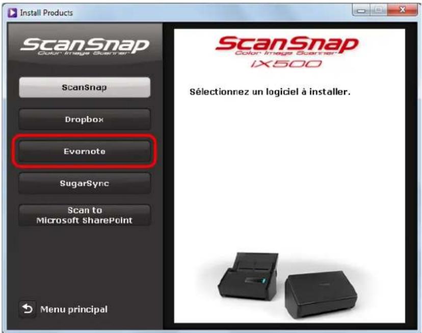 Install Products ScanSnap Color Image Scanner ScanSnap Dropbox Evernote SugarSync Scan to Microsoft SharePoint Menu principal ScanSnap Color Image Scanner IX500 Sélectionnez un logiciel à installer.