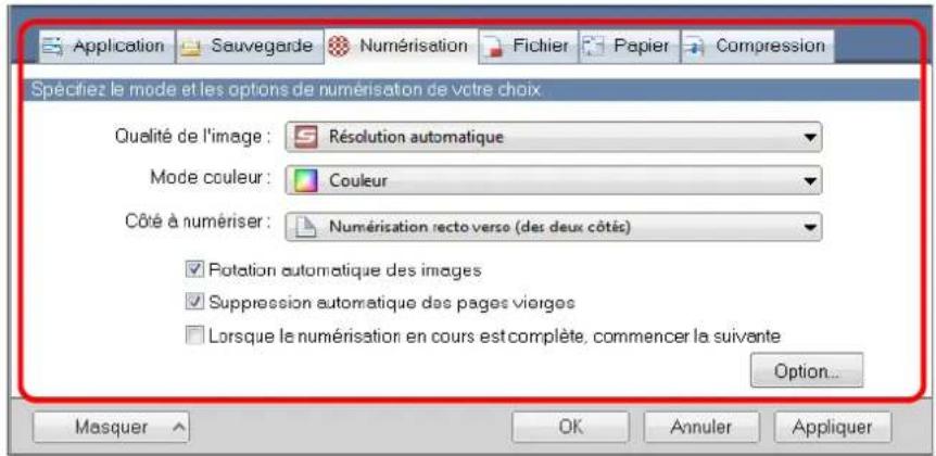 Application Sauvegarde Numérisation Fichier Papier Compression Spécfiez le mode et les options de numérisation de votre choix Qualité de l'image : Résolution automatique Mode couleur : Couleur Côté à numériser : Numérisation recto verso (des deux côtés) Rotation automatique des images Suppression automatique des pages viorges Lorsque le numérisation en cours est complète, commencer la suivante Option... Masquer OK Annuler Appliquer