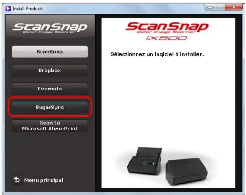 ScanSnap Color Image Scanner ScanSnap Dropbox Evernote SugarSync Scan to Microsoft SharePoint Menu principal ScanSnap Color Image Scanner iX500 Sélectionnez un logiciel à installer.