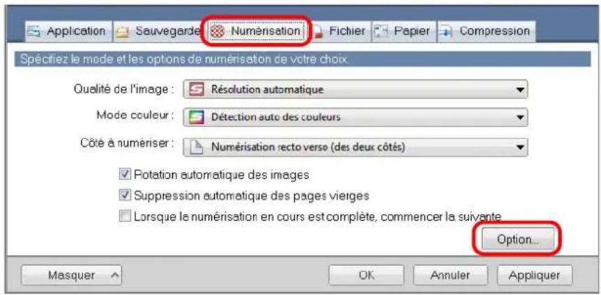 Application Sauvegarde Numérisation Fichier Papier Compression Spécifiez le mode et les options de numérisation de votre choix Qualité de l'image : Résolution automatique Mode couleur : Détection auto des couleurs Côté à numériser : Numérisation recto verso (des deux côtés) ✓ Rotation automatique des images ✓ Suppression automatique des pages vierges □ Lorsque le numérisation en cours est complète, commencer la suivante Option... Masquer OK Annuler Appliquer