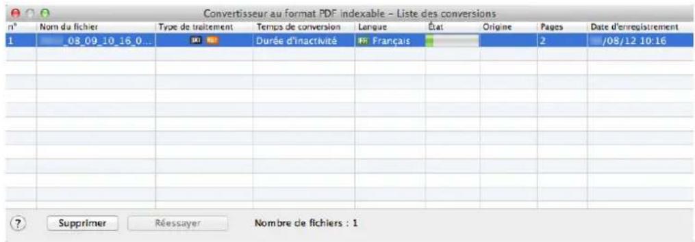 Convertisseur au format PDF indexable - Liste des conversions n° Nom da fichier Type de traitement Temps de conversion Langue État Origine Pages Date d'enregistrement 1 08.09.10.16.0... 00 Durée d'inactivité FR Français 2 /08/12 10:16 ? Supprimer Réessayer Nombre de fichiers : 1