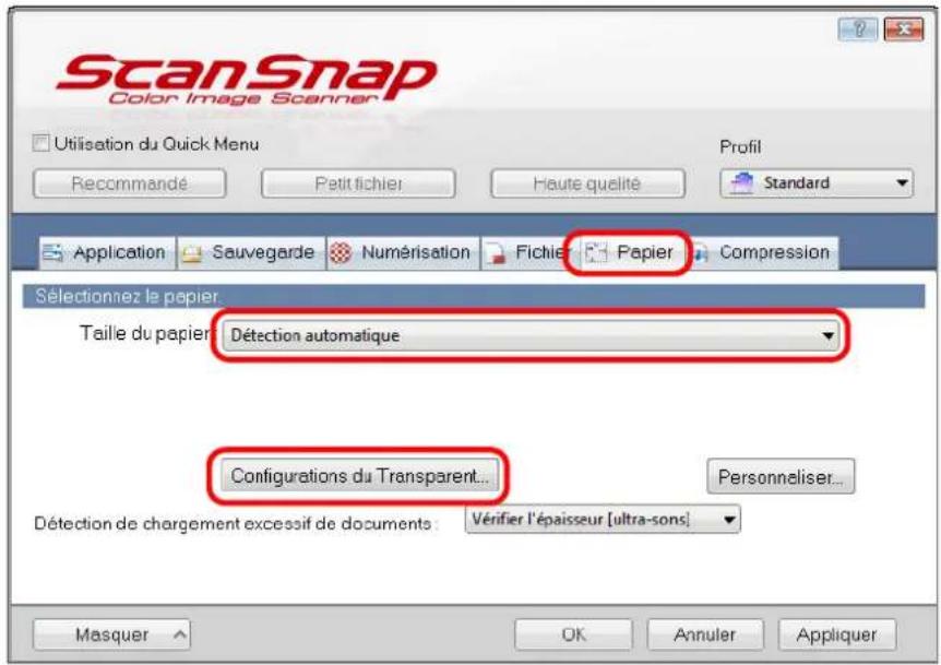 ScanSnap Color Image Scanner Utilisation du Quick Menu Recommandé Petit fichier Haute qualité Profil Standard Application Sauvegarde Numérisation Fichier Papier Compression Sélectionnez le papier. Taille du papier Détection automatique Configurations du Transparent... Personneliser... Détection de chargement excessif de documents: Vérifier l'épaisseur [ultra-sons] Masquer OK Annuler Appliquer
