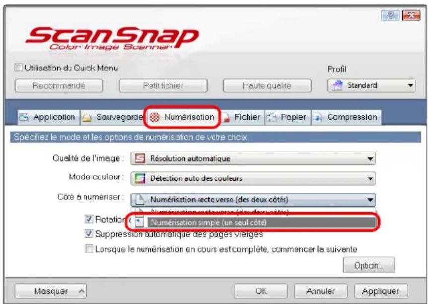 ScanSnap Color Image Scanner Utilisation du Quick Menu Recommandé Périt fichier Haute qualité Standard Application Sauvegarde Numérisation Fichier Papier Compression Spécifiez le mode et les options de numérisation de votre choix Qualité de l'image : Résolution automatique Mode couleur : Détection auto des couleurs Côte à numériser : Numérisation recto verso (des deux côtés) Numérisation recto verso (des deux côtés) Potation : Numérisation simple (un seul côté) Suppression automatique des pages vierges Lorsque le numérisation en cours est complète, commencer la suivante Option... Masquer OK Annuler Appliquer