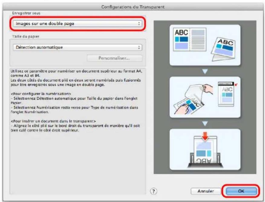 Configurations du Transparent Enregistrer sous images sur une double page Taille du papier Détection automatique Personnaliser... Utilisez ce paramètre pour numériser un document supérieur au format A4, comme A3 et B4. Les deux côtés du document plié en deux seront numérisés puis fusionnés pour être enregistrés sous une image en double page. - Sélectionnez Détection automatique pour Taille du papier dans l'onglet Papier. - Sélectionnez Numérisation recto verso pour Type de numérisation dans l'onglet Numérisation. - Alignez le côté plié sur le bord droit du transparent de manière qu'il soit bien calé contre le côté droit supérieur. Annuler OK