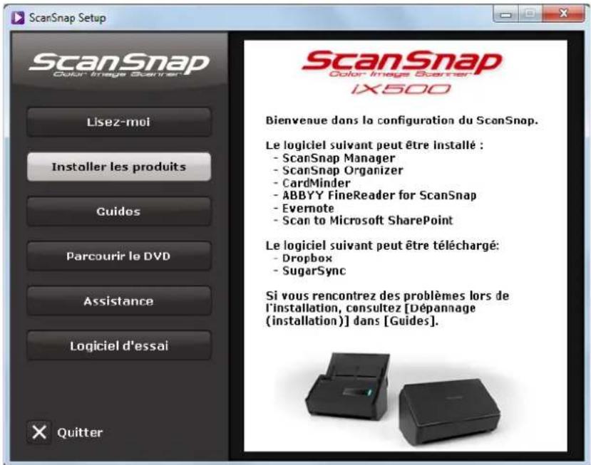 ScanSnap Setup ScanSnap Color Image Scanner Lisez-moi Installer les produits Guidos Parcourir le DVD Assistance Logiciel d'essai Quitter ScanSnap Color Image Scanner IX500 Bienvenue dans la configuration du ScanSnap. Le logiciel suivant peut être installé : - ScanSnap Manager - ScanSnap Organizer - CardMinder - ABBYY FineReader for ScanSnap - Evernote - Scan to Microsoft SharePoint Le logiciel suivant peut être téléchargé: - Dropbox - SugarSync Si vous rencontrez des problèmes lors de l'installation, consultez [Dépannage (installation)] dans [Guides]. × Quitter