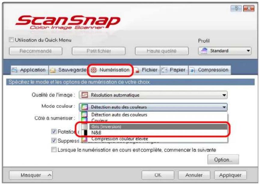 ScanSnap Color Image Scanner Utilisation du Quick Menu Recommandé Petit fichier Haute qualité Standard Application Sauvegarde Numérisation Fichier Papier Compression Spécifiez le mode et les options de numérisation de votre choix Qualité de l'image : Résolution automatique Mode couleur : Détection auto des couleurs Côte à numeriser : Détection auto des couleurs Coulure Gris (inversion) N&E Suppression couleur elevee Lorsque le numérisation en cours est complète, commencer la suivante Option... Masquer OK Annuler Appliquer