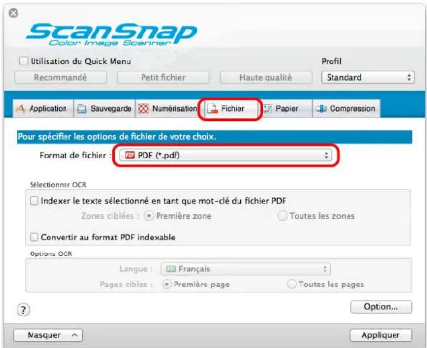 ScanSnap Color Image Scanner Utilisation du Quick Menu Profil Recommandé Petit fichier Haute qualité Standard Application Sauvegarde Numérisation Fichier Papier Compression Pour spécifier les options de fichier de votre choix. Format de fichier : PDF (*.pdf) Sélectionner OCR Indexer le texte sélectionné en tant que mot-clé du fichier PDF Zones ciblées : • Première zone Toutes les zones Convertir au format PDF indexable Options OCR Langue : Français Pages cibles : • Première page Toutes les pages Option... Masquer Appliquer