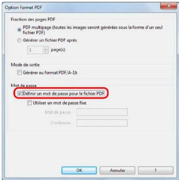 Option Format PDF Fraction des pages PDF • PDF multipage (toutes les images seront générées sous la forme d'un seul fichier PDF) • Générer un fichier PDF après 1 page(s) Mode de sortie □ Générer au format PDF/A-1b Mot de passe ☑ Définir un mot de passe pour le fichier PDF □ Utiliser un mot de passe fixe Mot de passe: Confirmer: OK Annuler ?