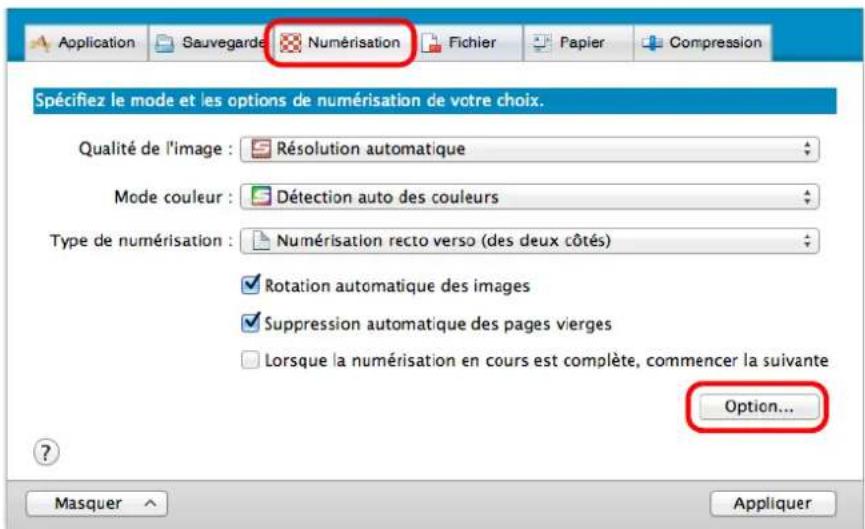 Application Sauvegarde Numérisation Fichier Papier Compression Spécifiez le mode et les options de numérisation de votre choix. Qualité de l'image : Résolution automatique Mode couleur : Détection auto des couleurs Type de numérisation : Numérisation recto verso (des deux côtés) Rotation automatique des images Suppression automatique des pages vierges Lorsque la numérisation en cours est complète, commencer la suivante Option... ? Masquer Appliquer