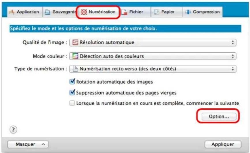 Application Sauvegarde Numérisation Fichier Papier Compression Spécifiez le mode et les options de numérisation de votre choix. Qualité de l'image : Résolution automatique Mode couleur : Détection auto des couleurs Type de numérisation : Numérisation recto verso (des deux côtés) Rotation automatique des images Suppression automatique des pages vierges Lorsque la numérisation en cours est complète, commencer la suivante Option... ? Masquer Appliquer