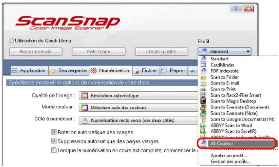 ScanSnap Color Image Scanner Utilisation du Quick Menu Recommandé Petit lichier Haute qualité Application Sauvegarde Numérisation Fichier Papier Spéctiez le mode et les options de numérisation de votre choix. Qualité de l'image : Résolution automatique Mode couleur : Détection auto des couleurs Côté à numériser : Numérisation recto verso (des deux côtés) Rotation automatique des images Suppression automatique des pages vierges Lorsque la numérisation en cours est complète, commencer la : Profil Standard Standard CardMinder PDF indexable Scan to Folder Scan to E-mail Scan to Print Scan to Rack2-Filer Smart Scan to Magic Desktop Scan to Evernote (Document) Scan to Evernote (Note) Scan to Google Documents(TM) ABBYY Scan to Word ABBYY Scan to Excel(R) ABBYY Scan to PowerPoint(R) A4 Couleur Ajouter un profil... Gestion des profils...