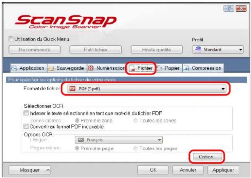 ScanSnap Color Image Scanner Utilisation du Quick Menu Recommandé Pétit fichier Haute qualité Standard Application Sauvegarde Numérisation Fichier Papier Compression Pour spécifier les options de fichier de votre choix. Format de fichier PDF PDF (*.pdf) Sélectionner OCR Indexer le texte sélectionné en tant que mot-clé du fichier PDF Zones ciblées: Première zone Toutes les zones Convertir au format PDF indexable Options OCR Langue: FR Français Pages ciblos: Première page Toutes les pages Option... Masquer OK Annuler Appliquer