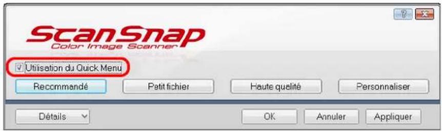 ScanSnap Color Image Scanner Utilisation du Quick Menu Recommandé Petit fichier Haute qualité Personnaliser Détails OK Annuler Appliquer