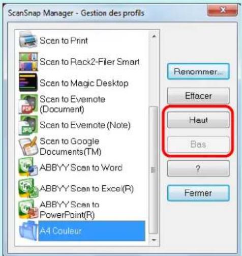 ScanSnap Manager - Gestion des profils Scan to Print Scan to Rack2-Filer Smart Scan to Magic Desktop Scan to Evernote (Document) Scan to Evernote (Note) Scan to Google Documents(TM) ABBYY Scan to Word ABBYY Scan to Excel(R) ABBYY Scan to PowerPoint(R) A4 Couleur Renommer... Effacer Haut Bas ? Fermer