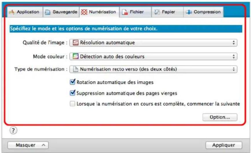 Application Sauvegarde Numérisation Fichier Papier Compression Spécifiez le mode et les options de numérisation de votre choix. Qualité de l'image : Résolution automatique Mode couleur : Détection auto des couleurs Type de numérisation : Numérisation recto verso (des deux côtés) Rotation automatique des images Suppression automatique des pages vierges Lorsque la numérisation en cours est complète, commencer la suivante Option... ? Masquer Appliquer