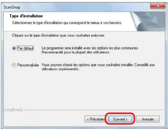 ScanSnap Type d'installation Sélectionnez le type d'installation qui correspond le mieux à vos besoins. Cliquez sur le type d'installation que vous souhaitez exécuier. Par défaut Le programme sera installé avec les options les plus communes. Recommandé pour la plupart des utilisateurs Personnalisée Vous pouvez choisir les options que vous souhaitez installer. Conseillé aux utilisateurs expérimentés. InstallShield < Précédien > Suivant > Annulier