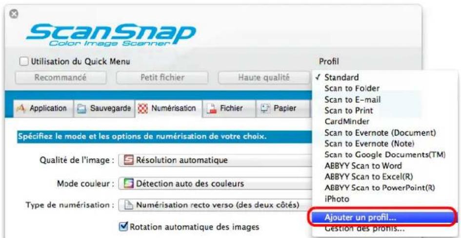 ScanSnap Color Image Scanner Utilisation du Quick Menu Recommandé Petit fichier Haute qualité Application Sauvegarde Numérisation Fichier Papier Spécifiez le mode et les options de numérisation de votre choix. Qualité de l'image : Résolution automatique Mode couleur : Détection auto des couleurs Type de numérisation : Numérisation recto verso (des deux côtés) Rotation automatique des images Profil ✓ Standard Scan to Folder Scan to E-mail Scan to Print CardMinder Scan to Evernote (Document) Scan to Evernote (Note) Scan to Google Documents(TM) ABBYY Scan to Word ABBYY Scan to Excel(R) ABBYY Scan to PowerPoint(R) iPhoto Ajouter un profil... Gestion des pronis...