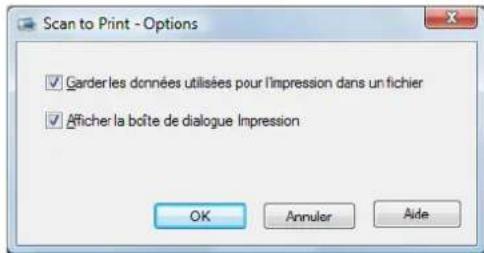 Scan to Print - Options ✓ Garder les données utilisées pour l'impression dans un fichier ✓ Afficher la boîte de dialogue Impression OK Annuler Aide