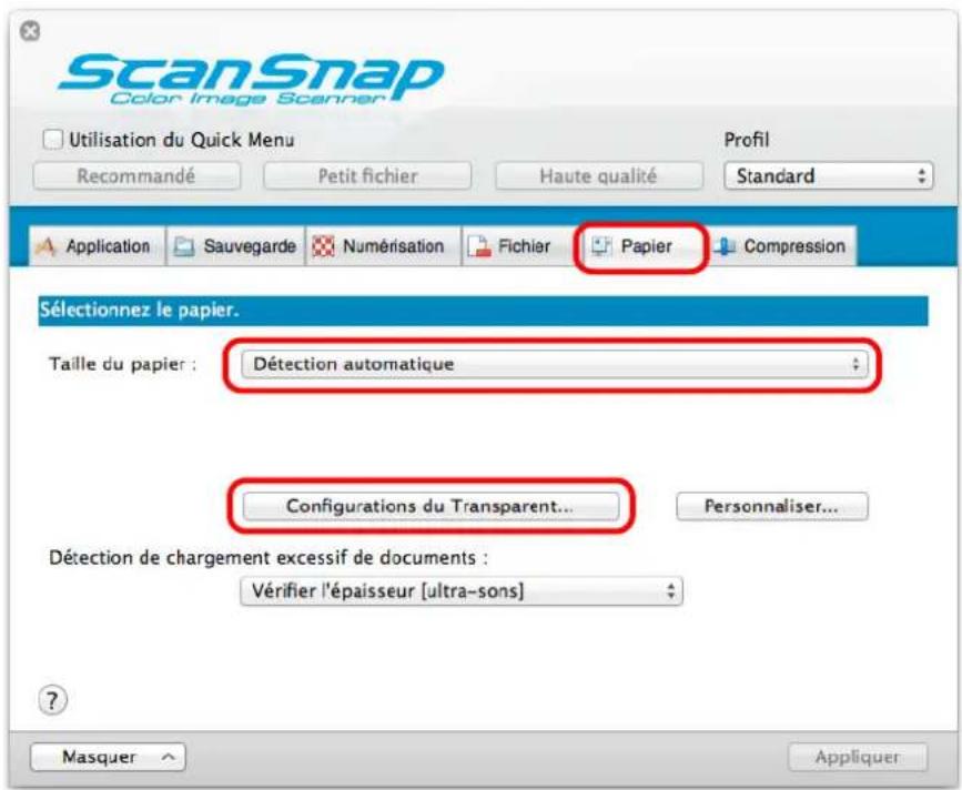 ScanSnap Color Image Scanner Utilisation du Quick Menu Recommandé Petit fichier Haute qualité Profil Standard Application Sauvegarde Numérisation Fichier Papier Compression Sélectionnez le papier. Taille du papier : Détection automatique Configurations du Transparent... Personnaliser... Détection de chargement excessif de documents : Vérifier l'épaisseur [ultra-sons] ? Masquer Appliquer