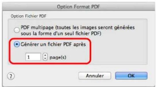 Option Format PDF Option Fichier PDF PDF multipage (toutes les images seront générées sous la forme d'un seul fichier PDF) Générer un fichier PDF après 1 page(s) ? Annuler OK