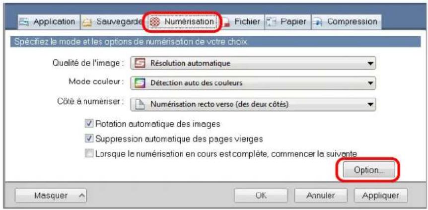 Application Sauvegarde Numérisation Fichier Papier Compression Spécifiez le mode et les options de numérisation de votre choix Qualité de l'image : Résolution automatique Mode couleur : Détection auto des couleurs Côté à numériser : Numérisation recto verse (des deux côtés) ✓ Rotation automatique des images ✓ Suppression automatique des pages vierges □ Lorsque le numérisation en cours est complète, commencer la suivante Option... Masquer OK Annuler Appliquer