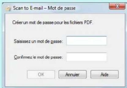 Scan to E-mail - Mot de passe Créer un mot de passe pour les fichiers PDF. Saisissez un mot de passe: Confirmez le mot de passe: OK Annuler Aide