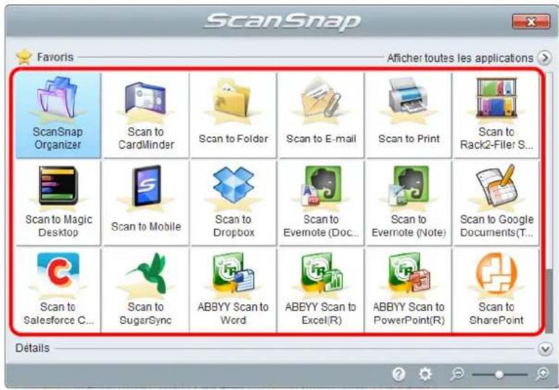 FUJITSU ScanSnap iX500 Deluxe - Dans le Quick Menu, cliquez sur l'icône de l'application avec laquelle vous souhaitez établir une liaison avec ScanSnap Manager. - 1