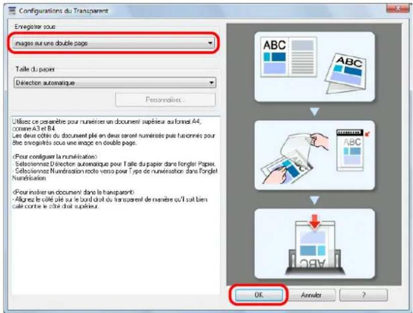 Configurations du Transparent Enregistrer sous images sur une double page Taille du papier Délection automatique Personnalités... Utilises ce paramètre pour numériser un document supérieur au format A4, comme A3 et B4. Les deux côtés du document plé en deux seront numérés de puis personnés pour Btre envisaglés sous une image en double page. (Pour configuer la numérisation) - Selectionnez Délection automatique pour Taille du papier dans l'onglet Papier, - Selectionnez Numération recto verso pour Type de numérisation dans l'onglet Numérisation (Pour mairie un document dans la transparent) - Alignez le côté plé sur le bord droit du transparent de manière ou l'ait bien cale contre le côté droit supérieur. OK Annuler ?