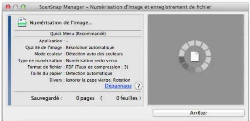 ScanSnap Manager - Numérisation d'image et enregistrement de fichier Numérisation de l'image... Quick Menu (Recommandé) Application : - Qualité de l'image : Résolution automatique Mode couleur : Détection auto des couleurs Type de numérisation : Numérisation recto verso Format de fichier : PDF (Taux de compression : 3) Taille du papier : Détection automatique Divers : Ignorer la page vierge, Rotation Dépannage ? Sauvegardé : 0 pages ( 0 feuilles ) Arrêter
