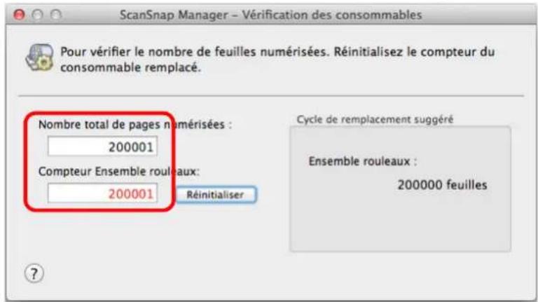 ScanSnap Manager - Vérification des consommables Pour vérifier le nombre de feuilles numérisées. Réinitialisez le compteur du consommable remplacé. Nombre total de pages numérisées : 200001 Compteur Ensemble rouleaux: 200001 Réinitialiser Cycle de remplacement suggéré Ensemble rouleaux : 200000 feuilles ?